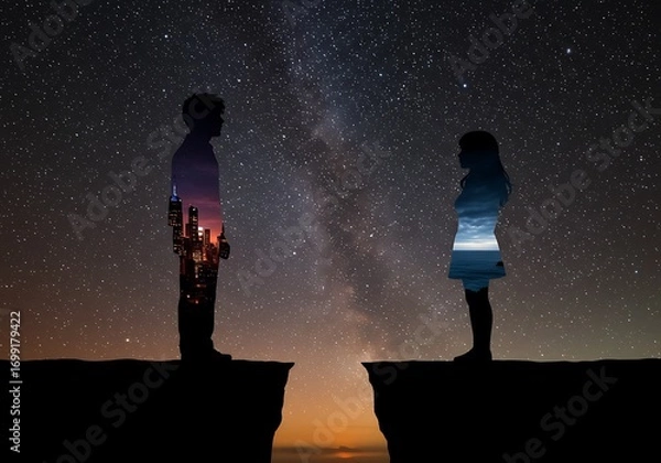 Fototapeta Silhouette of a couple standing on cliffs under the starry sky at night