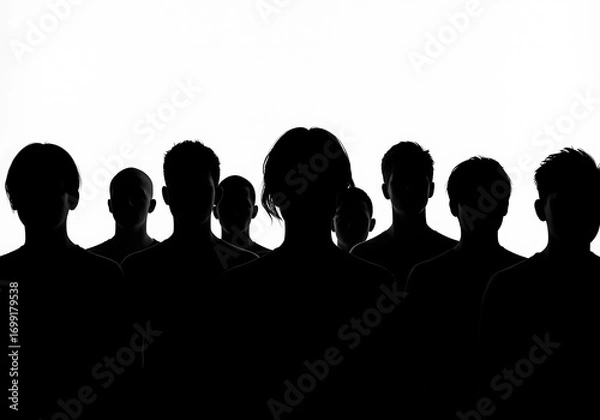 Fototapeta Silhouette of a crowd of people isolated on white background in the dark