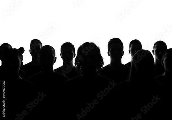 Fototapeta Silhouette of a crowd of people isolated on white background in black and white