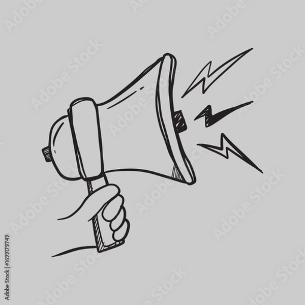Fototapeta Hand-drawn sketch of a megaphone with sound waves.