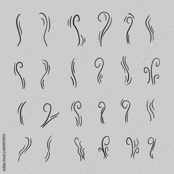 Fototapeta A collection of twenty-four hand-drawn calligraphic lines representing smoke, steam, or scent wisps on a gray background.