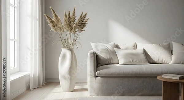 Obraz Serene Living Room corner showcasing a textured sofa with plush cushions and a minimalist floor vase filled with dried Pampas Grass near a sunlit window.