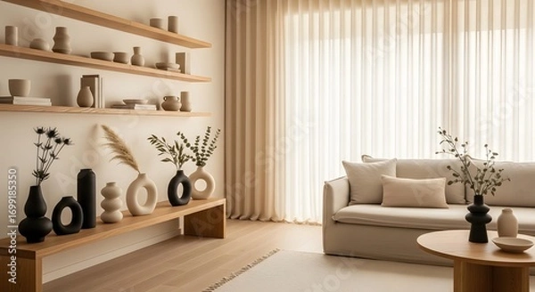 Obraz A calm and inviting living space featuring neutral tones, styled shelves with earthenware vases, and a comfortable sofa bathed in soft, natural light filtering through sheer curtains.
