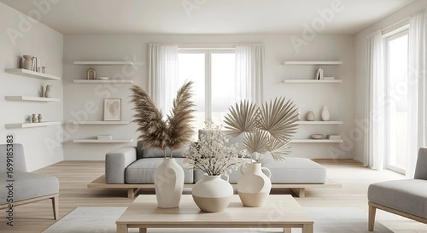 Obraz A bright and airy living room featuring a comfortable sofa, stylish armchairs, and decorative vases filled with dried botanicals. Minimalist shelves adorn the walls, creating a calm atmosphere.