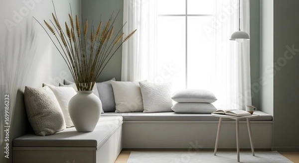 Obraz A tranquil living room corner featuring a window seat adorned with plush pillows, a vase with dried grass, and a small side table, bathed in soft, ambient light.