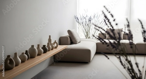 Obraz A calm and inviting living room featuring a modern sectional sofa and a shelf adorned with decorative vases, bathed in soft natural light creating a tranquil atmosphere.