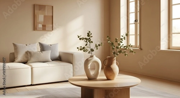 Obraz A bright and airy living room with a comfortable beige sofa, accented by decorative pillows and two stylish vases on a wooden coffee table, bathed in warm sunlight from large windows.
