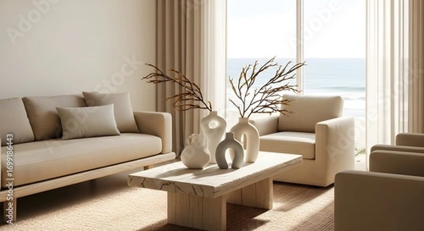 Obraz A bright and airy living space featuring a sofa, armchair, and coffee table adorned with decorative vases, overlooking a sunlit ocean and beach through large windows.