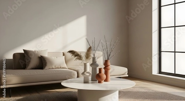 Obraz A bright and airy living room featuring a comfortable sofa bathed in natural sunlight. Abstract terra cotta and white vases with dried foliage adorn a modern coffee table.  Neutral color palette.