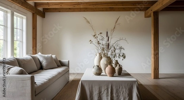 Obraz Bright living space featuring a comfortable sofa and a coffee table adorned with various ceramic vases and dried foliage, illuminated by natural light through large windows accentuating wooden beams.