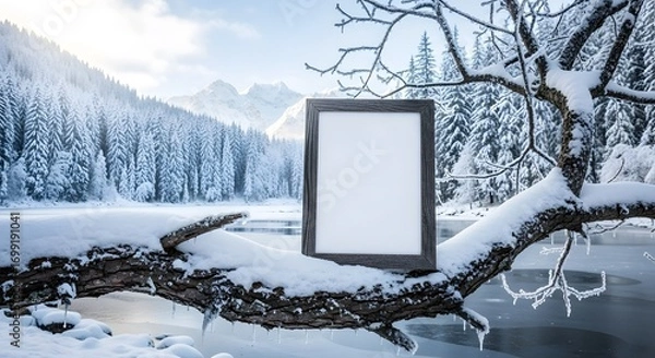 Obraz A winter scene featuring a snow-laden tree branch holding an empty wooden picture frame. Background shows a frozen lake and distant, snow-capped mountains under a bright, cold sky.