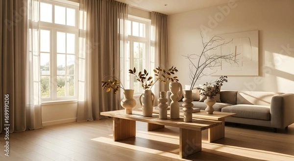 Obraz Inviting contemporary living space bathed in natural light from large windows, featuring a minimalist aesthetic, a textured sofa, a wooden coffee table with decorative vases, and abstract wall art.