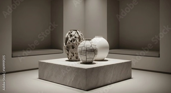 Obraz A trio of intricately designed ceramic vases are showcased on a textured stone pedestal, illuminated by subtle overhead spotlights in a muted, ambient gallery space.