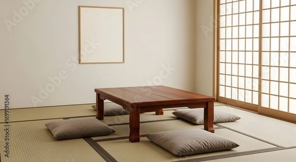 Obraz A serene traditional Japanese interior featuring tatami mat flooring, a low polished wooden table, and floor cushions, bathed in soft light from a large shoji screen.