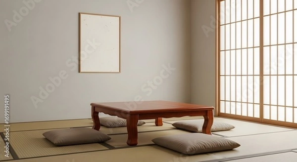 Obraz An empty, serene Japanese tea room featuring a low wooden table and floor cushions arranged on traditional tatami mats, illuminated by soft light filtering through a shoji screen.