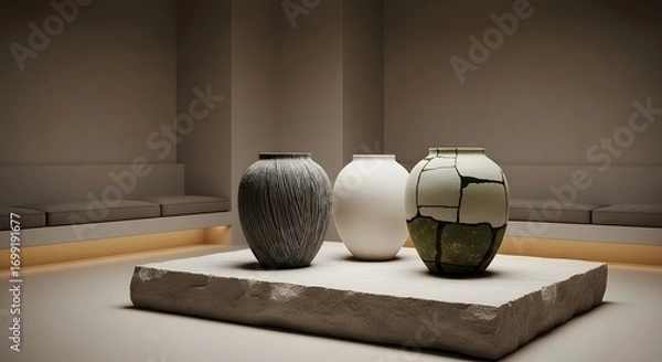 Obraz Three distinct, modern ceramic vases rendered in a pixelated artistic style, displayed on a concrete plinth within a stark, softly lit exhibition room.