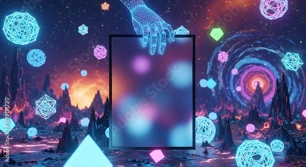 Obraz Surreal Digital Landscape with Geometric Shapes and Glowing Orbs