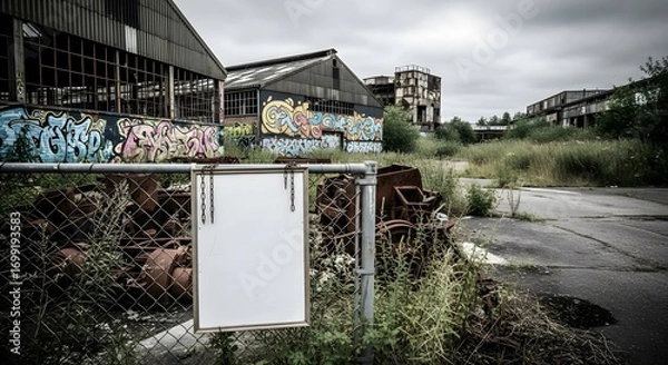 Obraz Dilapidated industrial structures covered in vibrant graffiti art, set against an overgrown landscape under a cloudy sky, symbolizing urban decay and neglect.