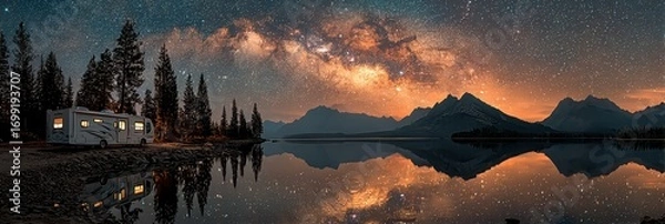 Fototapeta Serene night at the lakeside with a camper under the starry sky in a remote mountain setting