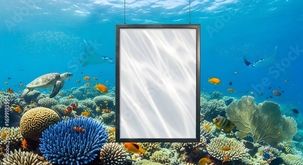 Obraz Vibrant Coral Reef Ecosystem Teeming with Marine Life and Blank Display Underneath Sunlit Ocean Surface