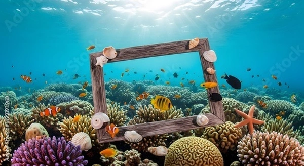 Obraz Vibrant Coral Reef Ecosystem With Schools Of Tropical Fish Swimming Around An Empty Textured Frame Underwater With Sun Rays