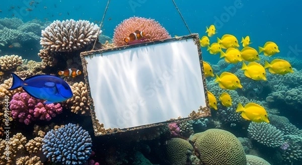 Obraz A colorful underwater scene showcases a thriving coral reef teeming with small yellow fish on the right and clownfish and a blue tang on the left side of a weathered empty signboard.