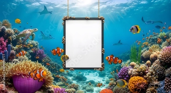 Obraz A colorful underwater scene filled with diverse coral formations and schools of tropical fish, including clownfish and butterflyfish. A blank poster frame is suspended in the center.