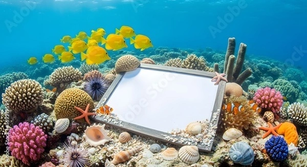 Obraz Vibrant Underwater Coral Reef Scene With Schooling Yellow Fish and Colorful Anemones Framing a Blank Message Board