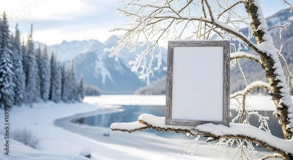 Obraz Winter Landscape With A Frosted Branch Holding An Empty Frame In The Foreground Overlooking A Serene Lake Surrounded By Snow Covered Mountains and Pine Forest