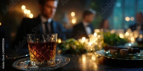 Fototapeta Elegant dinner gathering with whiskey glass on table surrounded by soft candlelight at nighttime event
