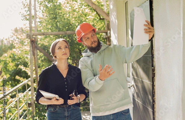 Fototapeta engineer contractor foreman and architect customer realtor at construction site planning checking inspecting. man in orange helmet and businesswoman checking quality and readiness using tablet