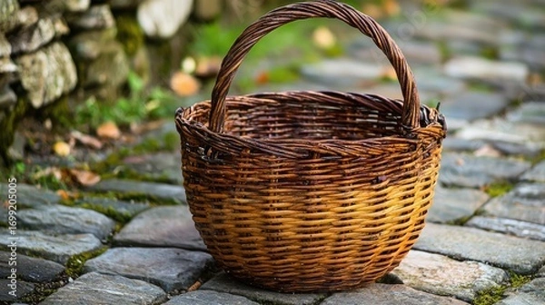 Obraz An empty wicker basket on a cobblestone path.
