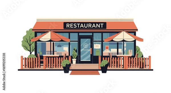 Obraz Cozy outdoor seating at a charming restaurant with colorful awnings