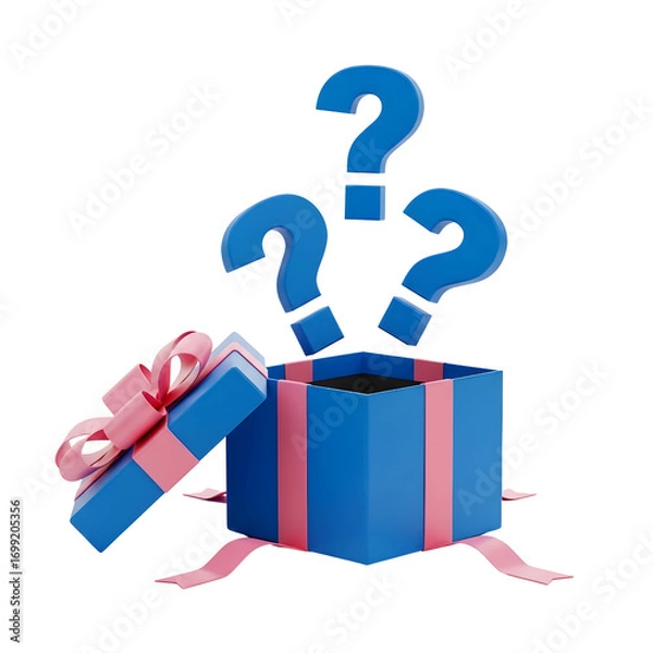 Fototapeta Mystery Gift Box with Blue Question Marks on Black