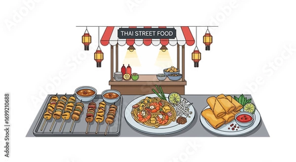 Obraz Vibrant showcase of thai street food delights served at a colorful stall