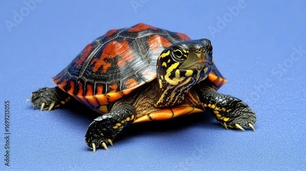 Obraz Colorful Turtle on Blue Background with Detailed Shell Patterns