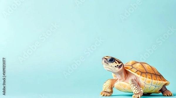 Obraz Cute turtle on a pastel blue background, showcasing its features