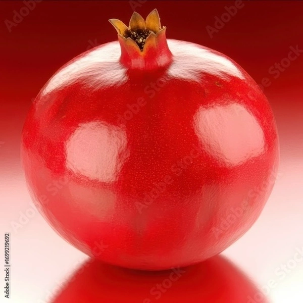 Obraz Vibrant Red Pomegranate on Glossy Background with Reflections