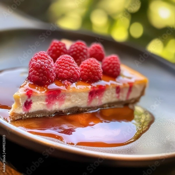 Obraz Delicious raspberry cheesecake slice with glossy caramel glaze