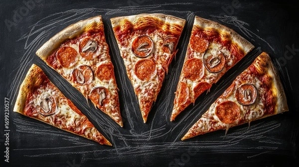 Obraz Delicious Pepperoni Pizza Slices on a Dark Chalkboard Surface Ready to Eat
