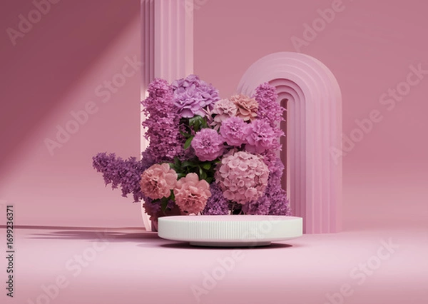 Fototapeta 3D podium display, blue pink background with hydrangeas flower and vintage frame. Peonies flower, rose, tulip leaf. Minimal pedestal for beauty, product. Feminine copy space template 3d render