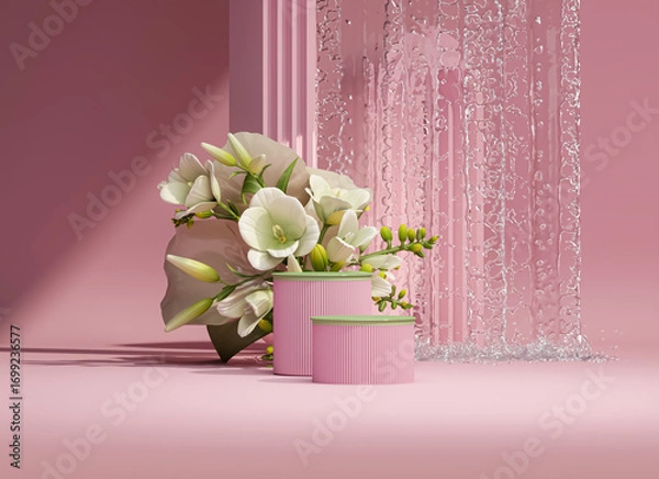 Fototapeta 3D podium display, blue pink background with hydrangeas flower and vintage frame. Peonies flower, rose, tulip leaf. Minimal pedestal for beauty, product. Feminine copy space template 3d render