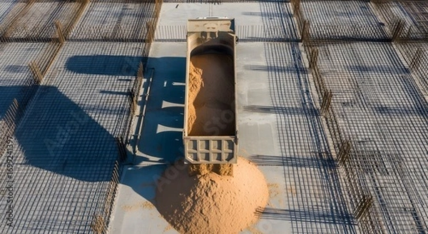 Obraz High angle view of a dump truck unloading a pile of light brown granular material onto a flat surface. The scene is brightly lit, with the truck casting a distinct shadow