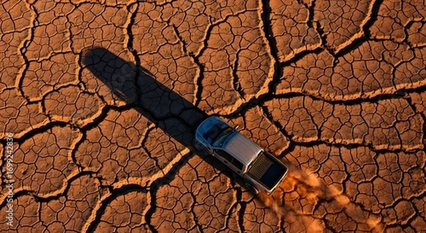 Obraz An overhead shot captures a vehicle traversing a barren landscape of severely cracked, dry earth. The vehicle kicks up a small cloud of dust as it moves across the terrain. 