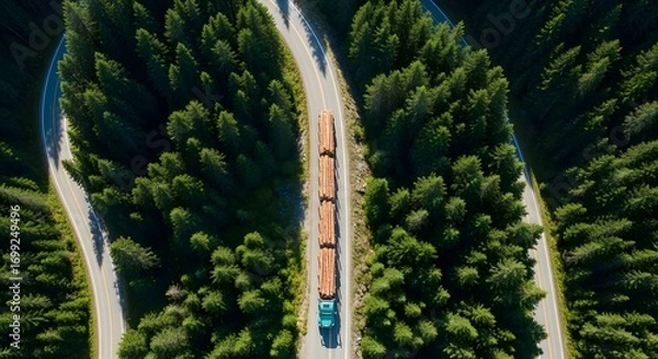 Obraz High angle shot of a colored logging truck carrying a long load of timber along a winding road surrounded by dense green coniferous forest. The road curves through the trees