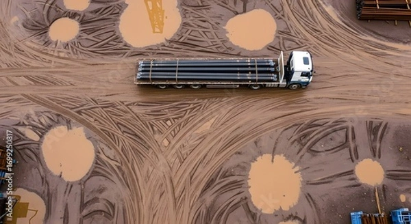 Obraz An aerial perspective displays a vehicle carrying numerous long, dark pipes on a muddy roadway. Tire tracks and puddles are visible. The scene has an overcast, muted palette