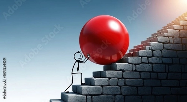 Obraz Stick figure pushing a large red ball up a steep stone staircase to the top