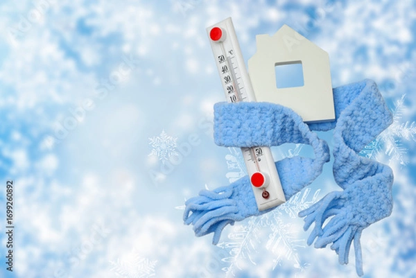Fototapeta Thermometer wrapped with a cozy scarf representing heating needs