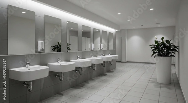 Fototapeta Modern public restroom with multiple sinks and mirrors