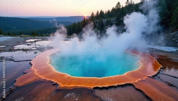 Fototapeta Ethereal steam rises from a vibrant, geothermal hot spring, creating a mystical and serene landscape The water glows with a mineral-rich hue, surrounded by lush, verdant vegetation , earth, water